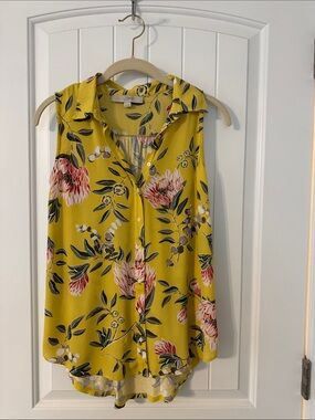 LOFT Yellow Floral Button-Front Sleeveless Top